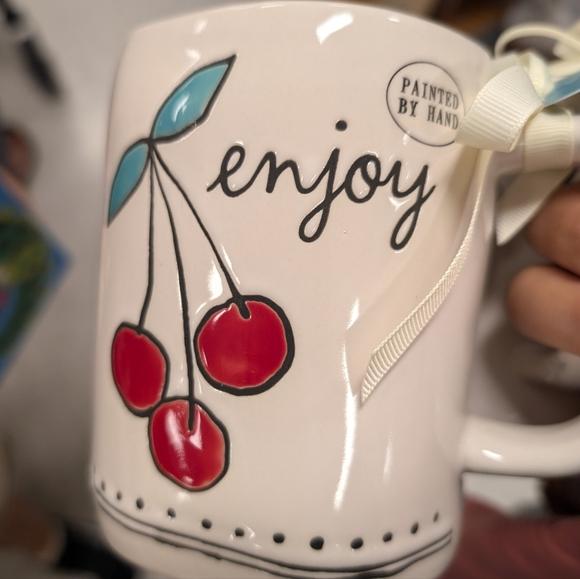 Rae Dunn “ Enjoy” Cherries Mug Red Cherry Bun Cream and Red - Picture 6 of 6
